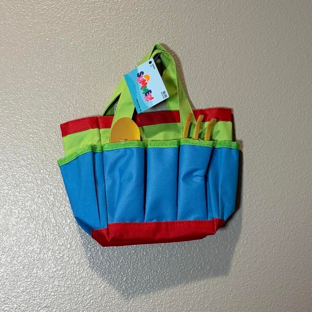 Blue, red, and green striped kids garden tote bag